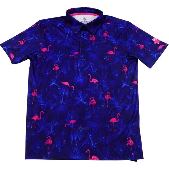 Scales Golf Polo Mens Blue Flamingo Palm Trees Tropical Bear Lakes Shirt Small - Picture 2 of 7